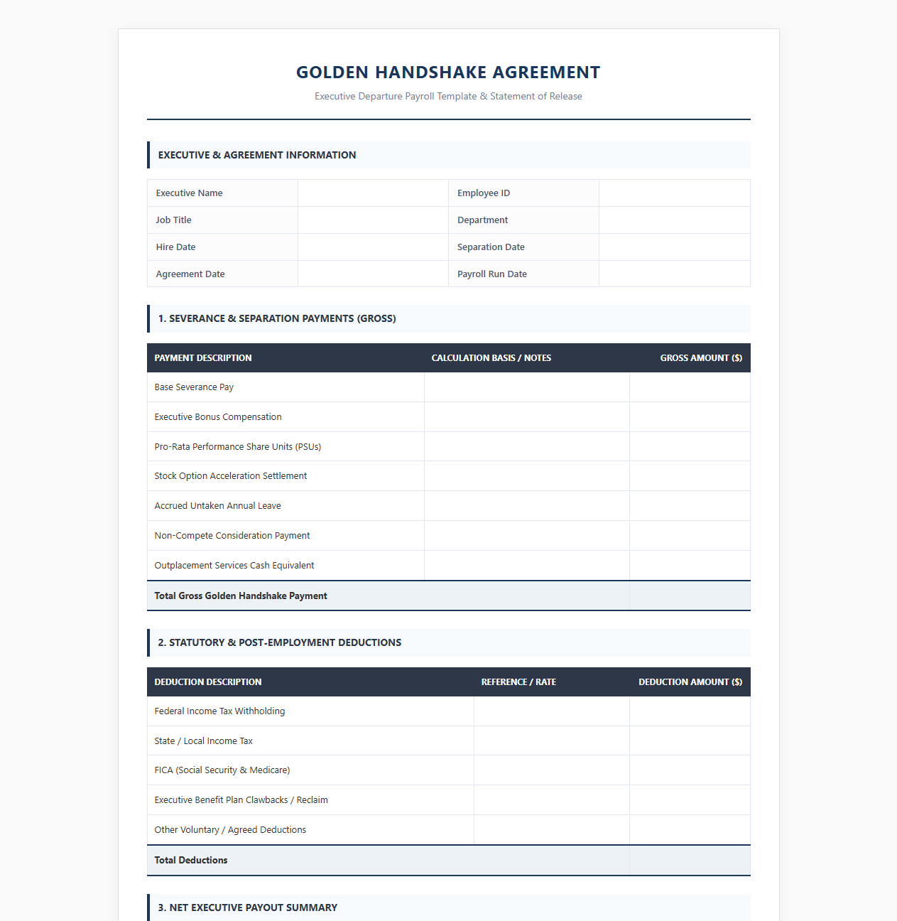 Executive Departure Golden Handshake Payroll Template