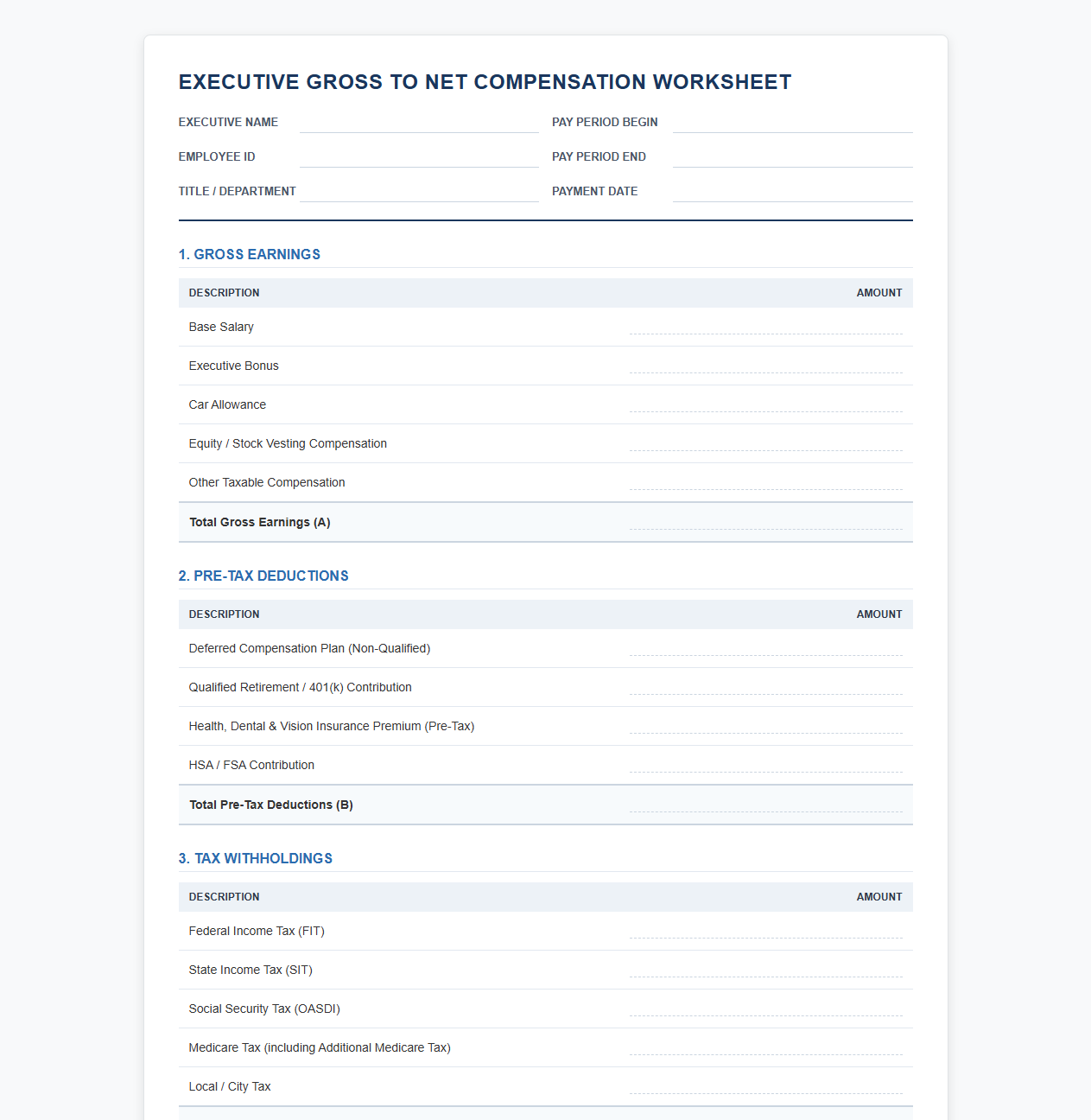 Executive Gross to Net Compensation Worksheet