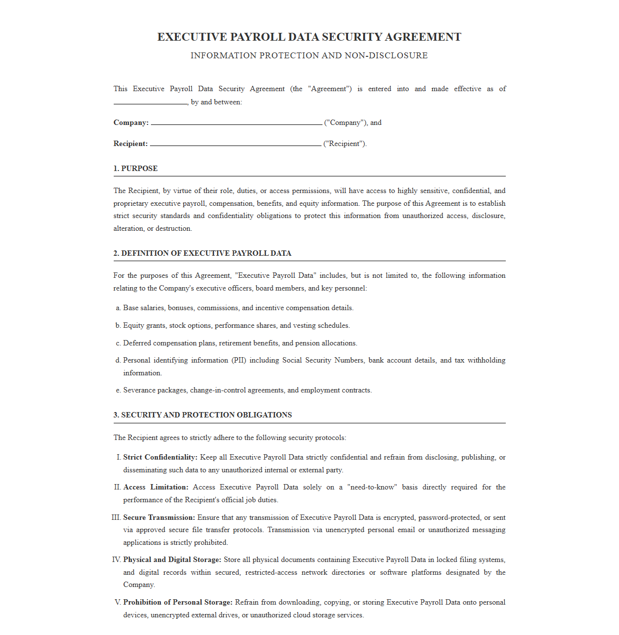 Executive Payroll Data Security Agreement Template
