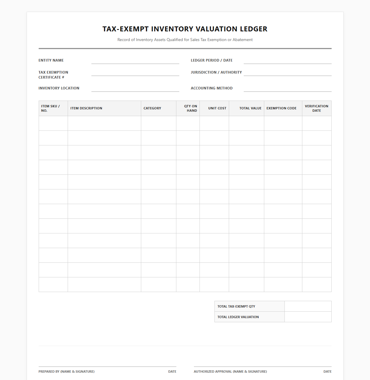 Exempt Inventory Valuation Ledger Document