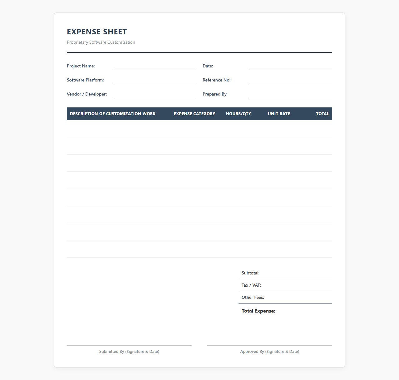 Expense Sheet for Proprietary Software Customization
