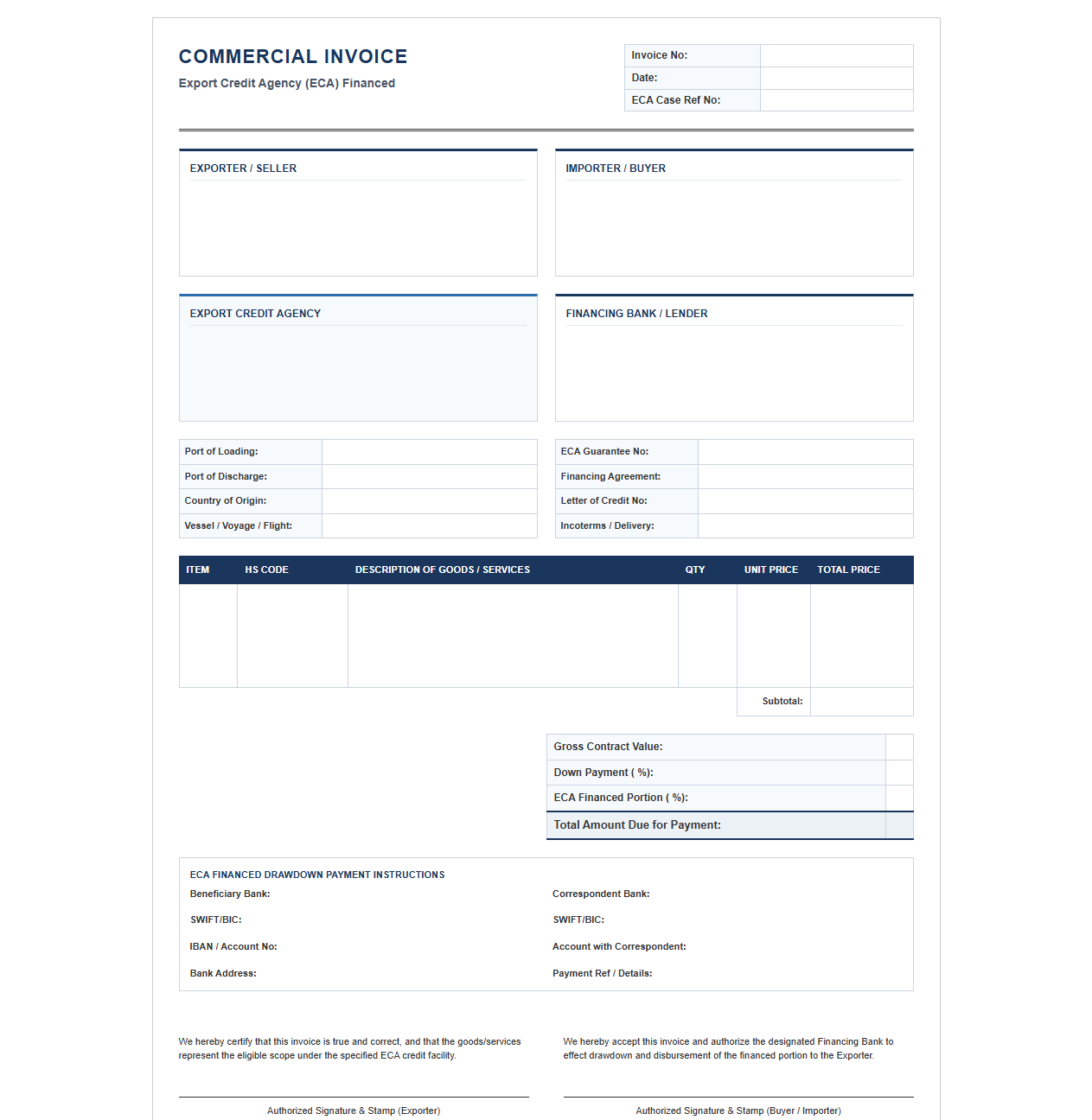 Export Credit Agency Financing Invoice Template