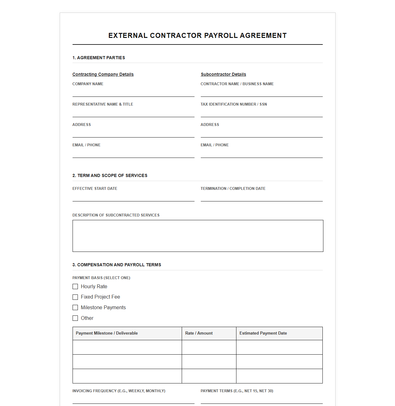 External Contractor Payroll Agreement Template