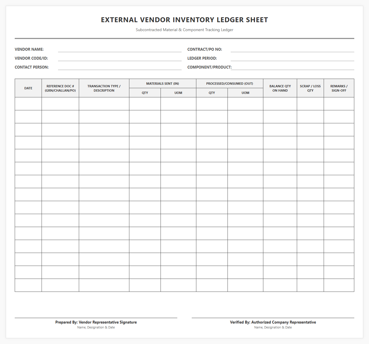 External Vendor Inventory Ledger Sheet