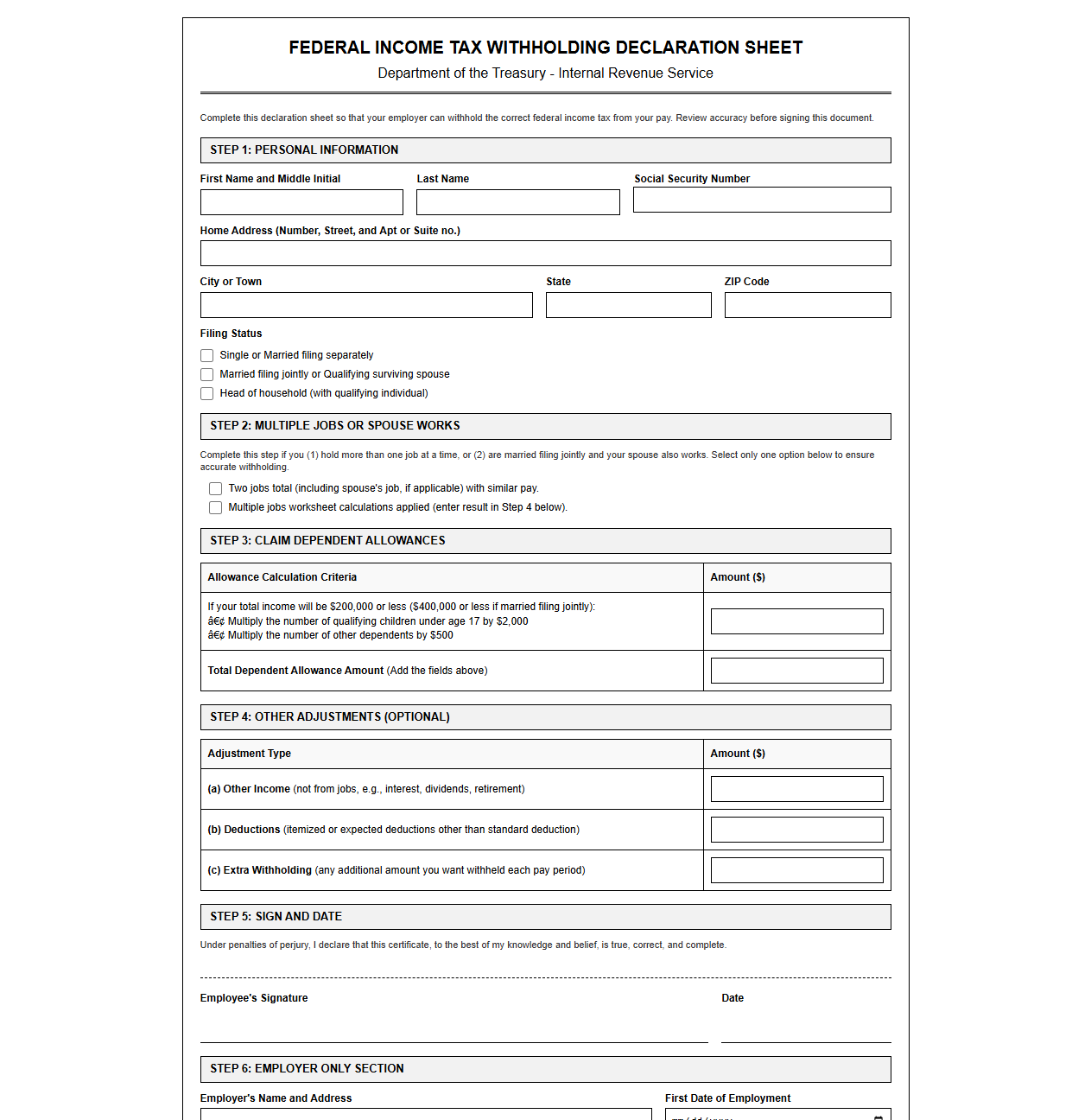 Federal Income Tax Withholding Declaration Sheet