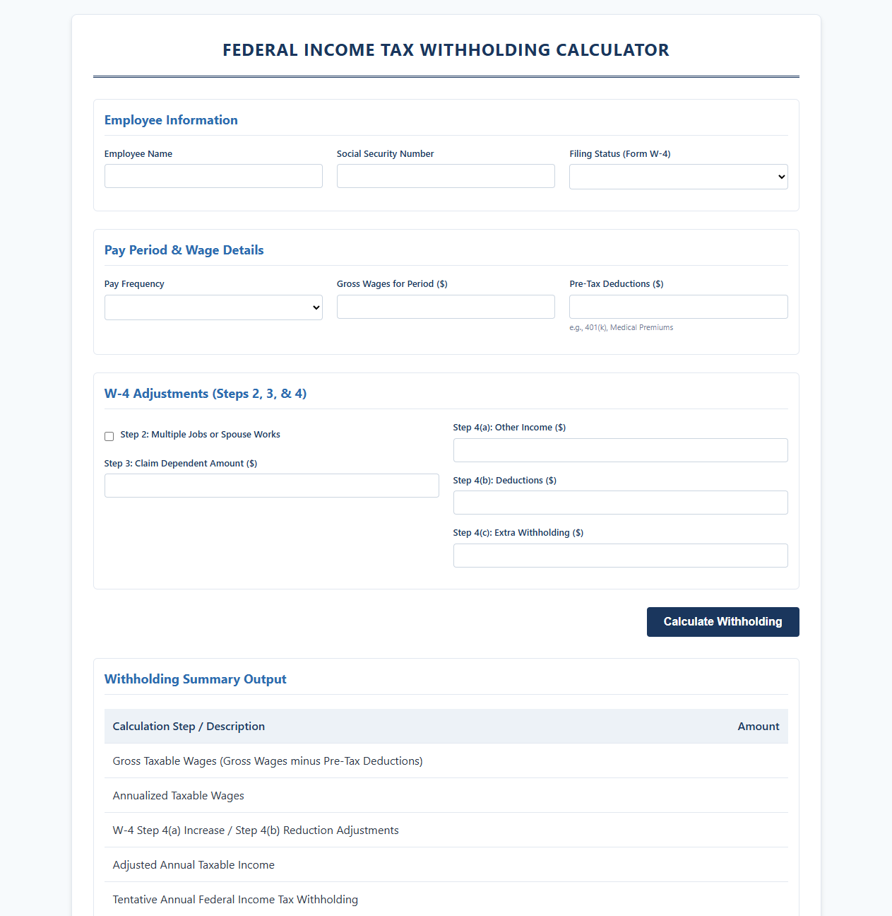 Federal Income Tax Withholding Payroll Calculator