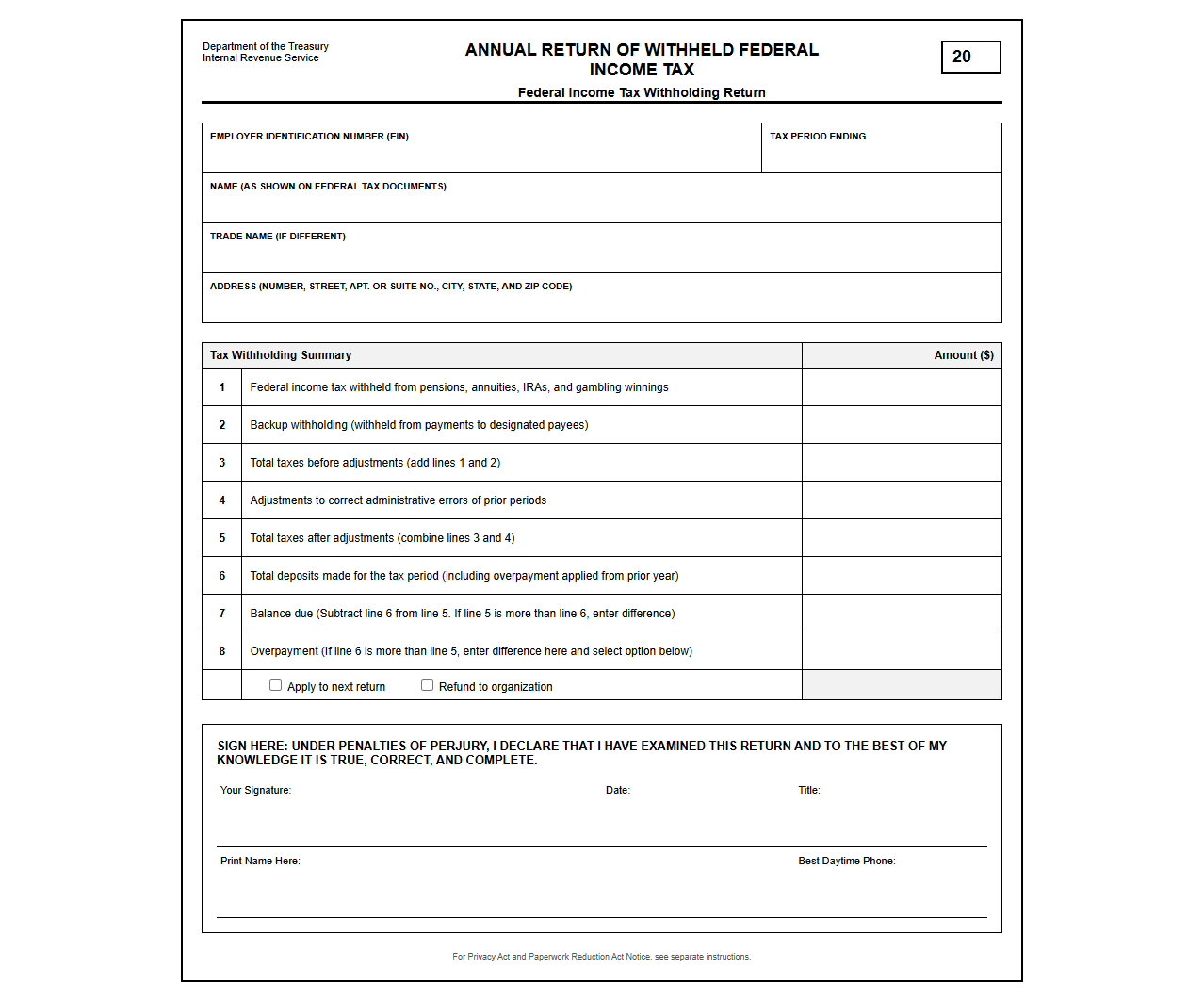 Federal Income Tax Withholding Return Template