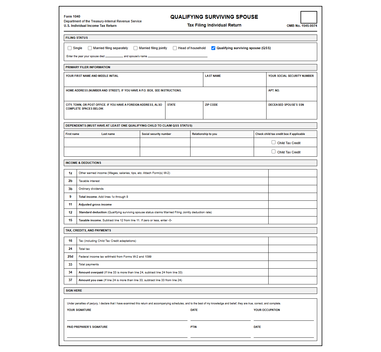 Federal Tax Return Template for Qualifying Surviving Spouse