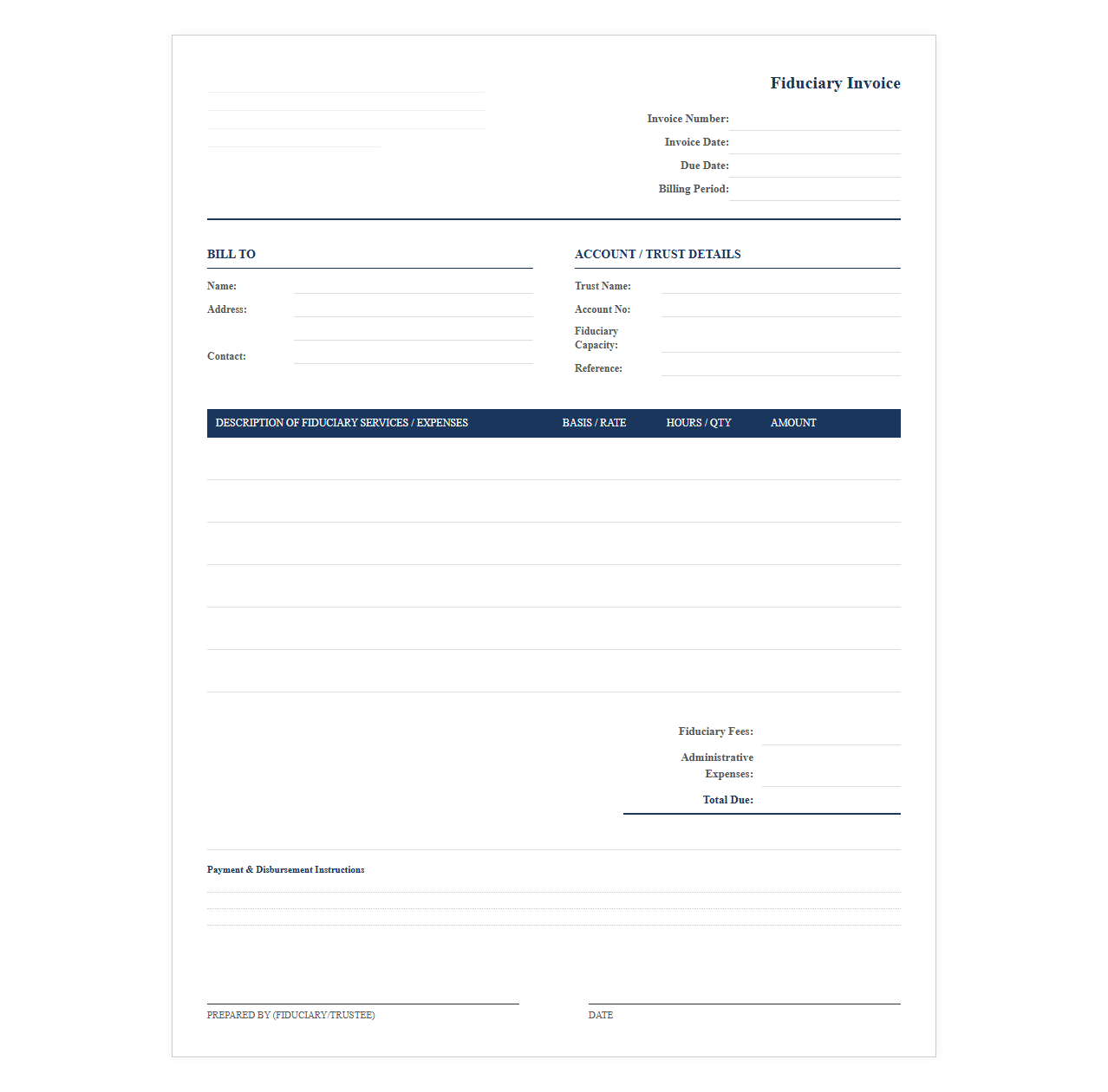 Fiduciary Fees and Expenses Invoice