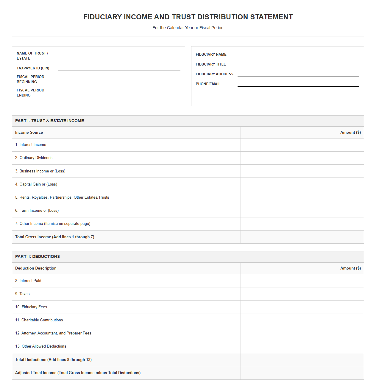 Fiduciary Income and Trust Distribution Statement