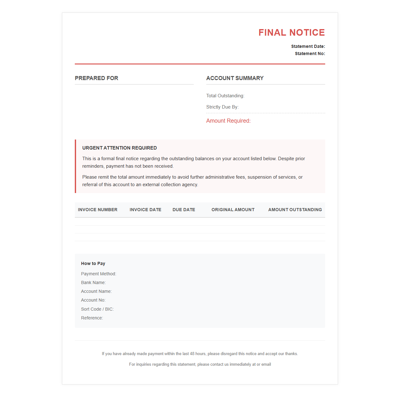 Final Notice Outstanding Invoice Statement