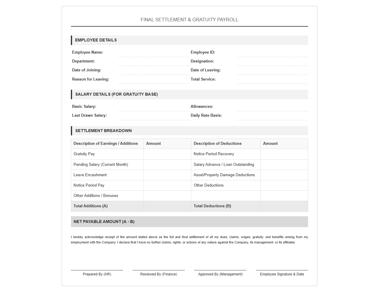 Final Settlement and Gratuity Payroll Template
