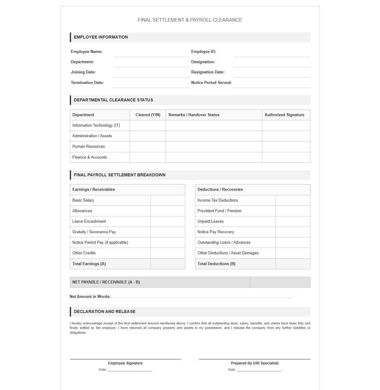 Final Settlement and Payroll Clearance Template