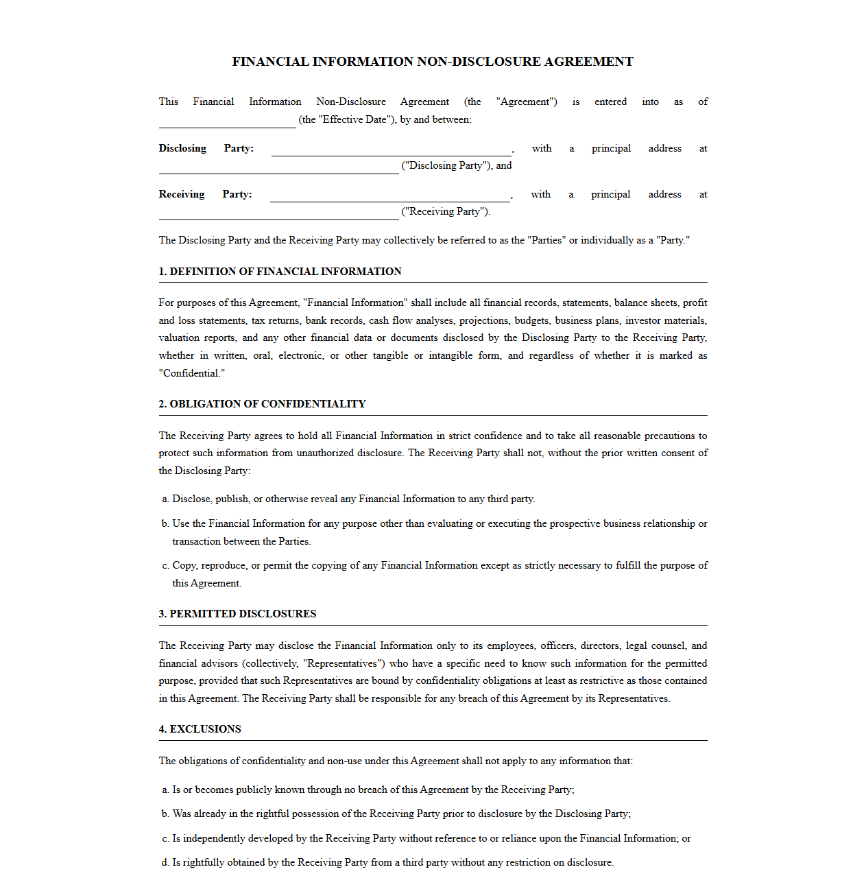 Financial Information NDA Template