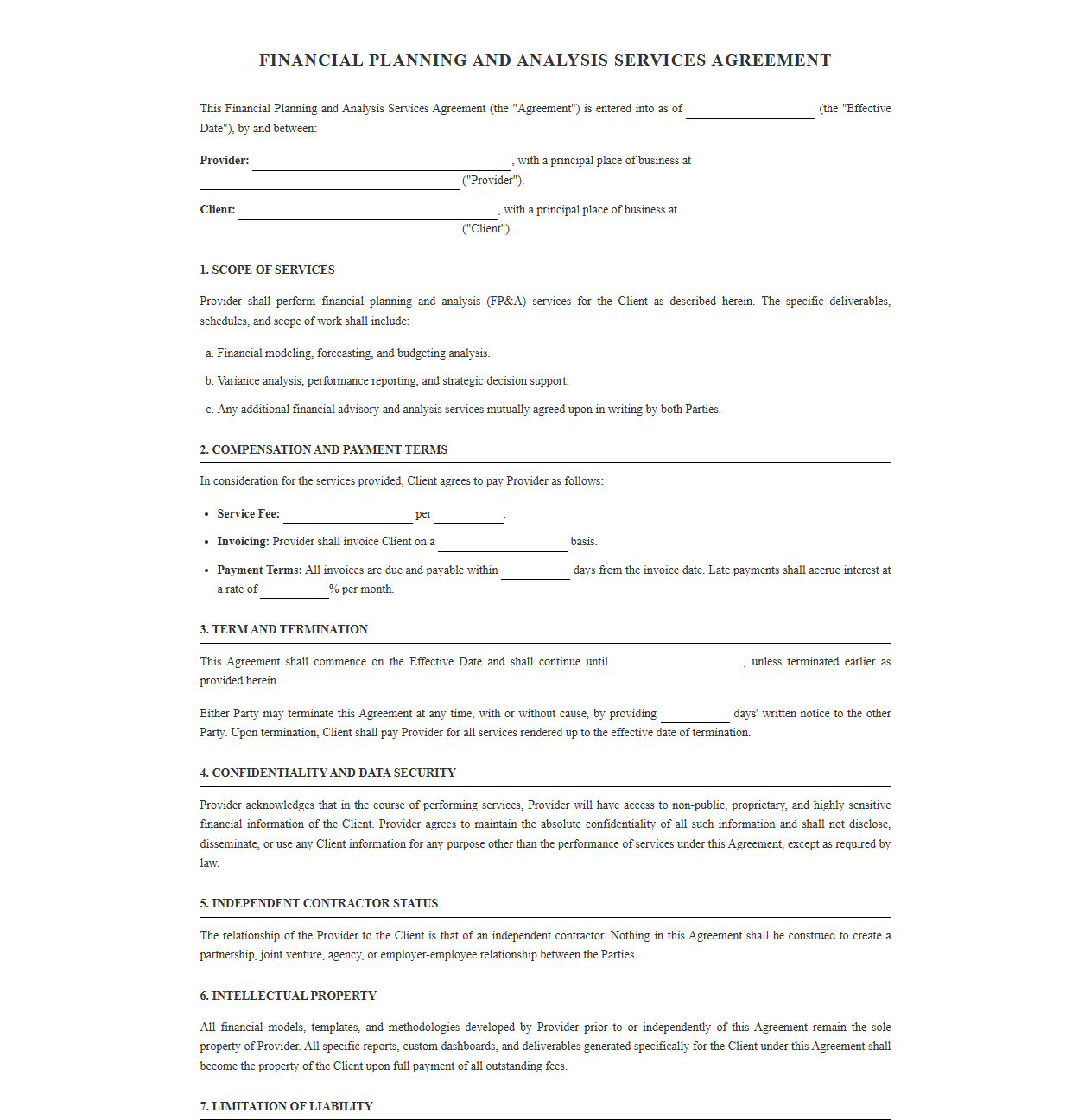 Financial Planning and Analysis Services Agreement Template