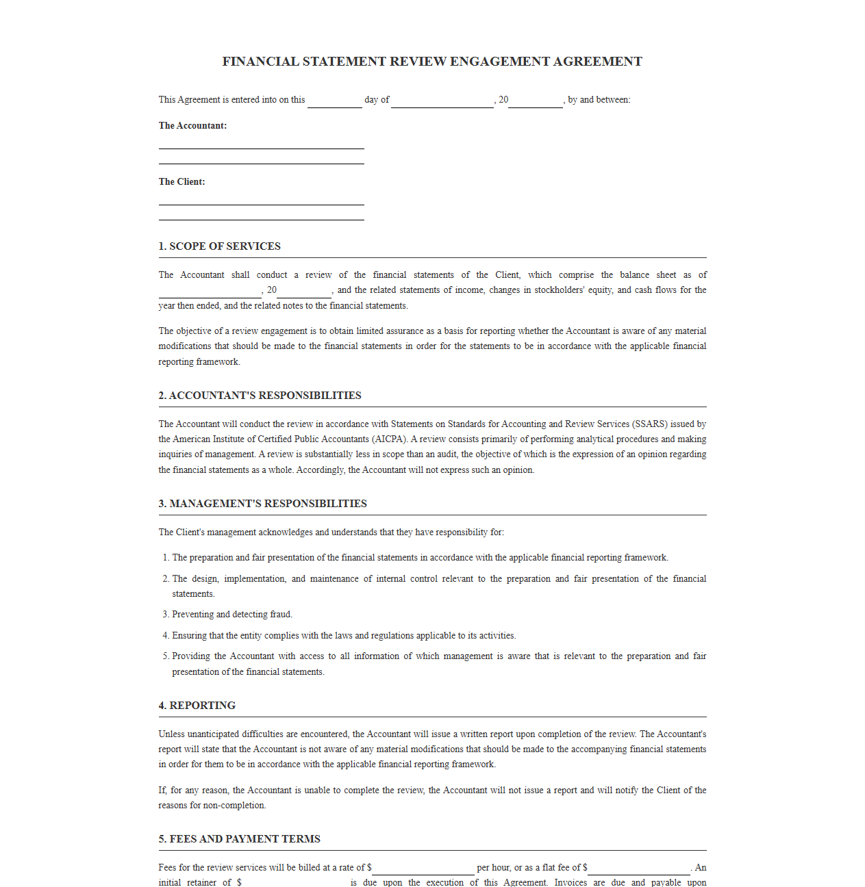 Financial Review Services Engagement Contract Template