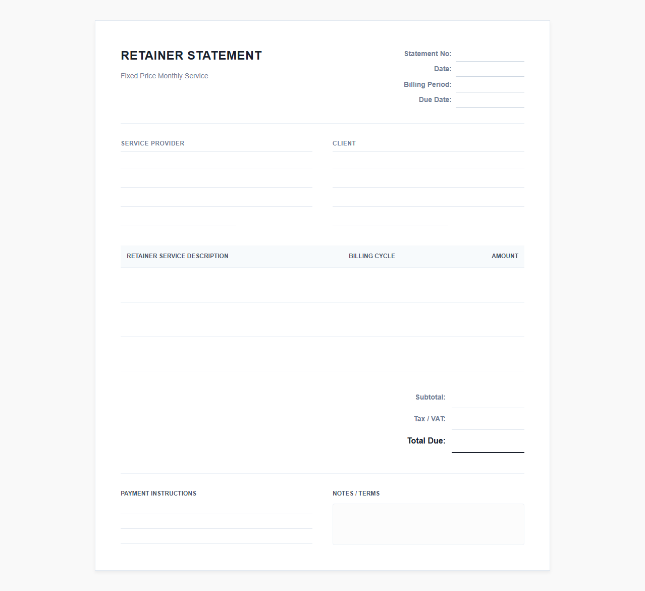 Fixed Price Monthly Service Retainer Statement