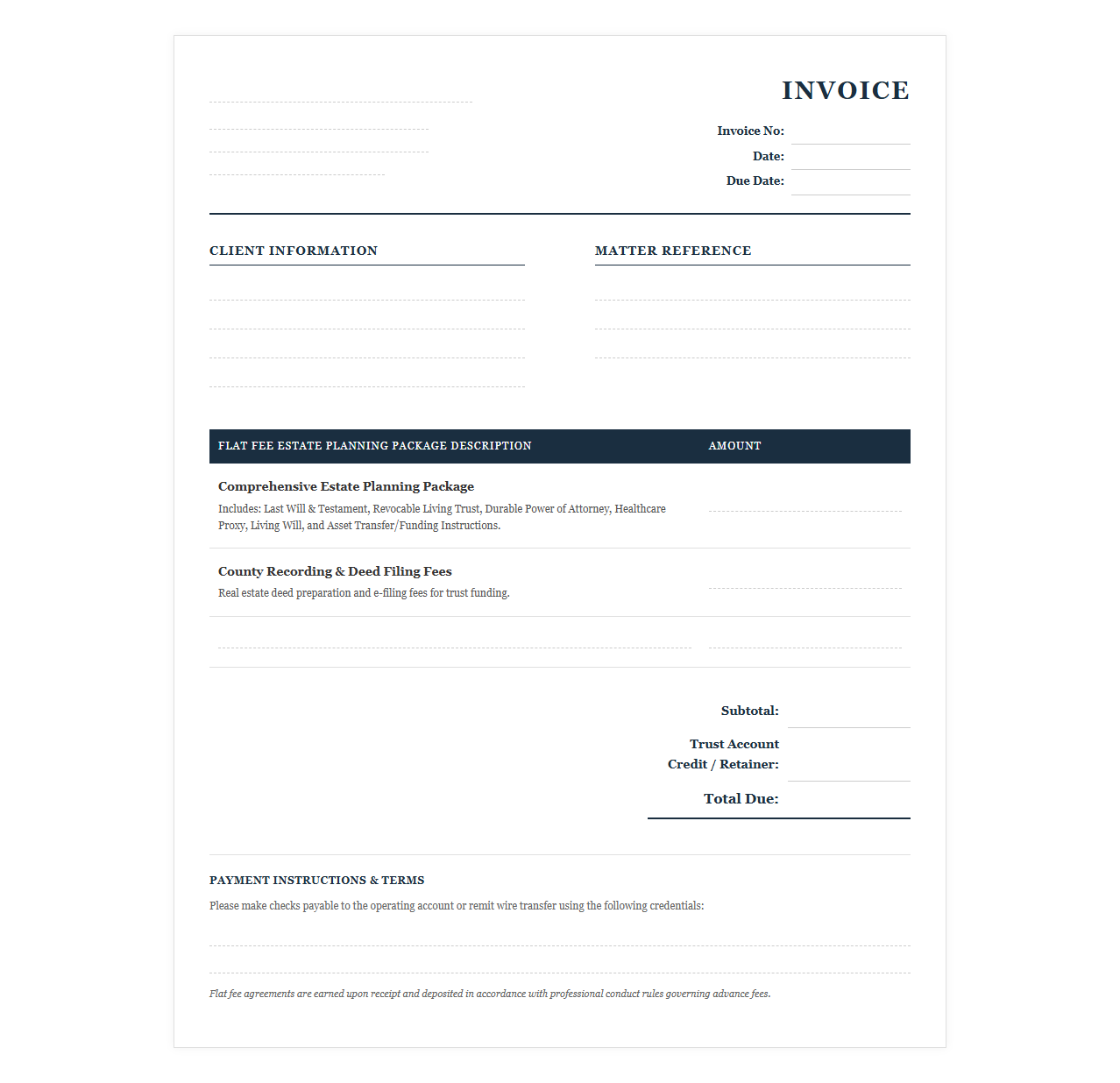 Flat Fee Estate Planning Package Invoice