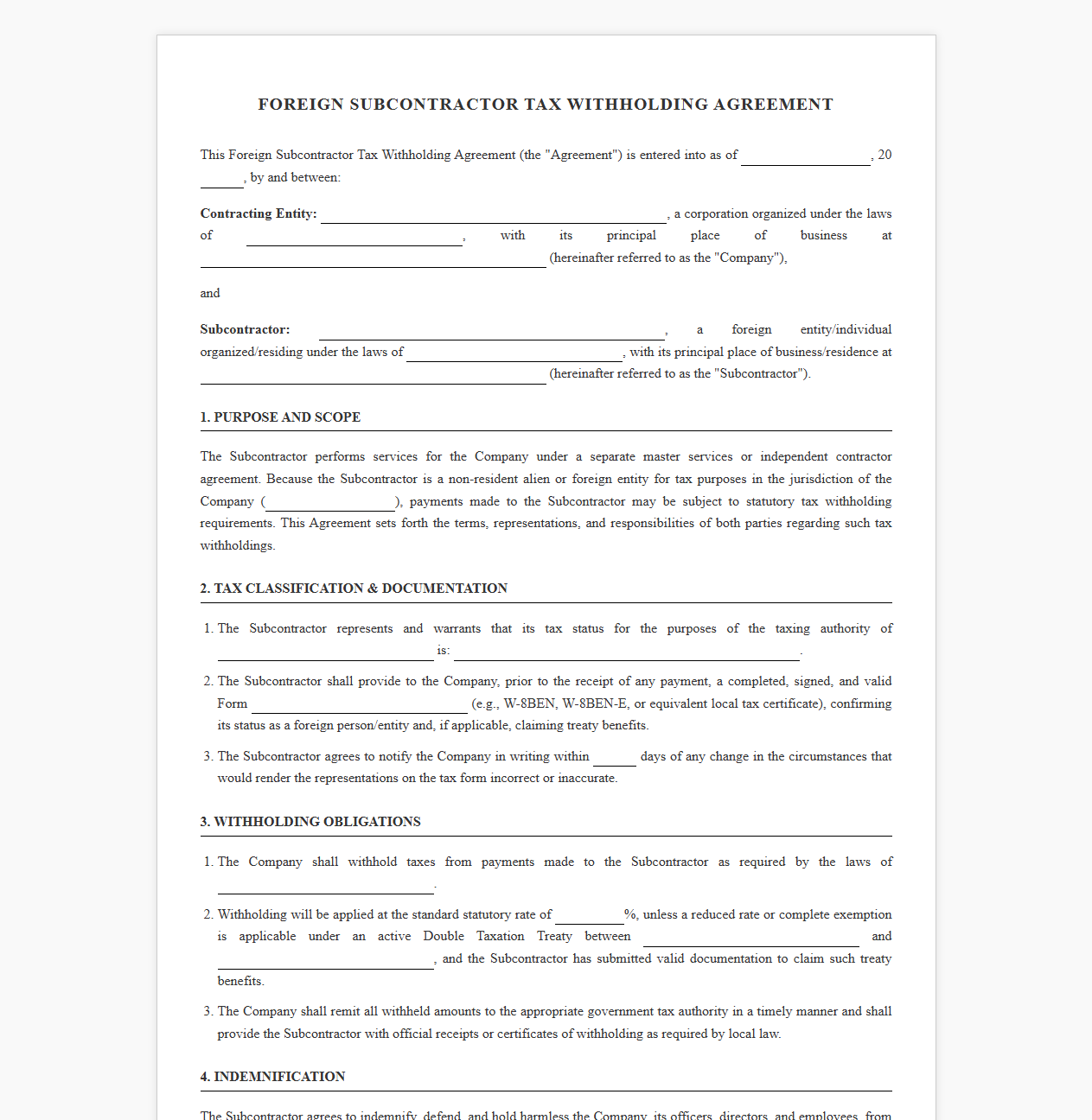 Foreign Subcontractor Tax Withholding Agreement