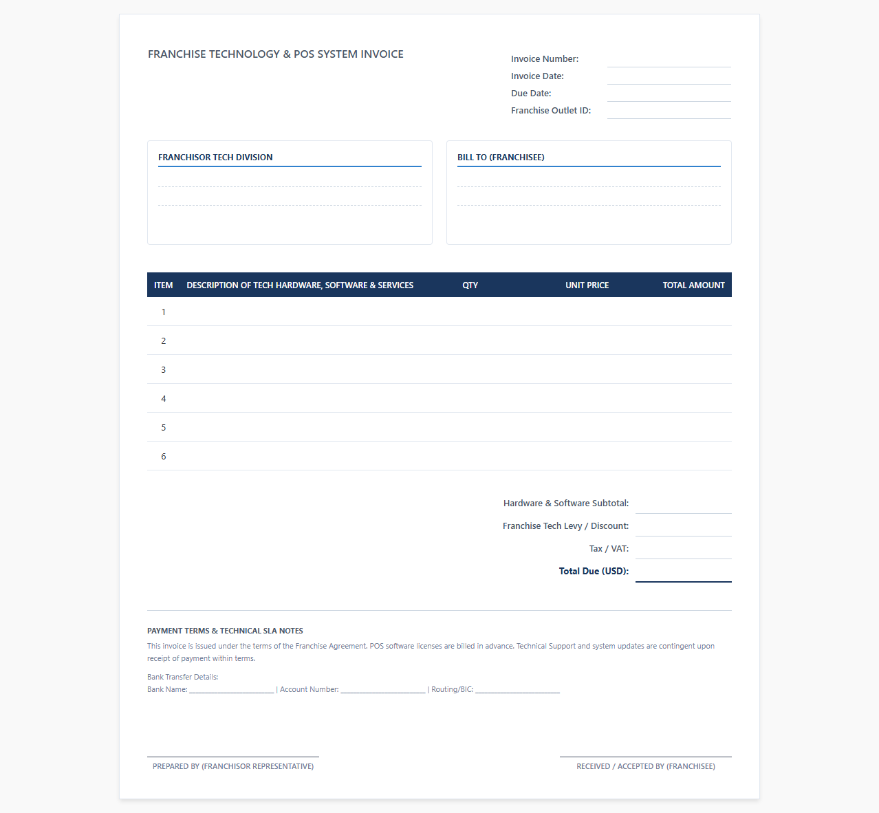Franchise Technology and POS System Invoice Document
