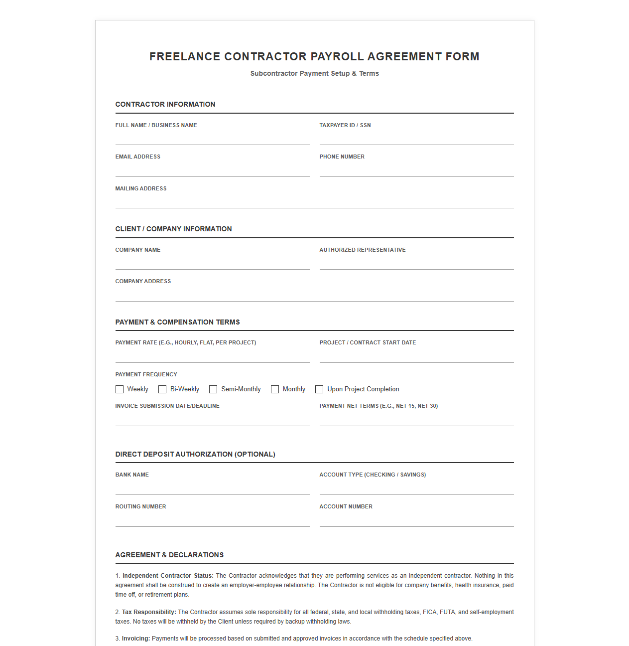Freelance Contractor Payroll Agreement Form