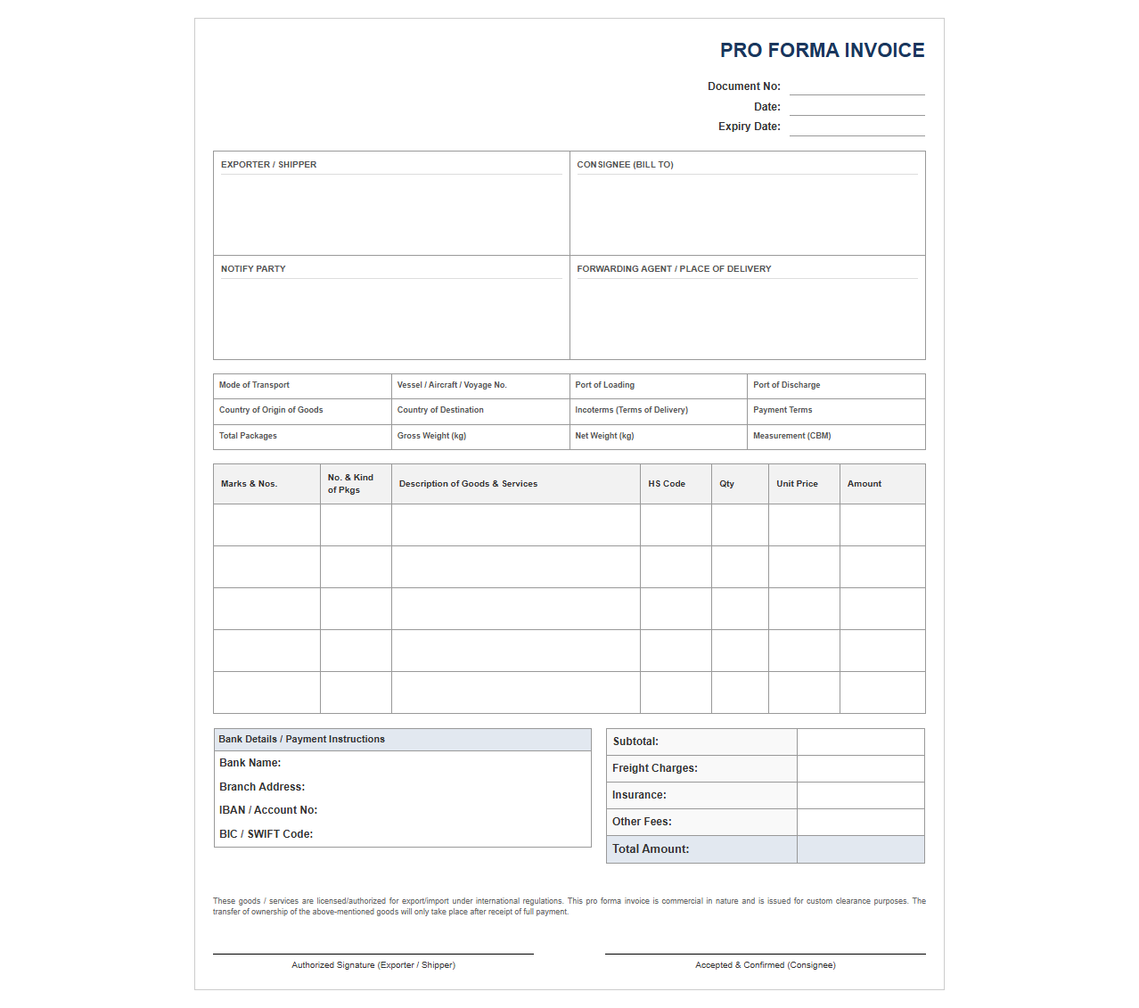 Freight Forwarding Pro Forma Invoice Template
