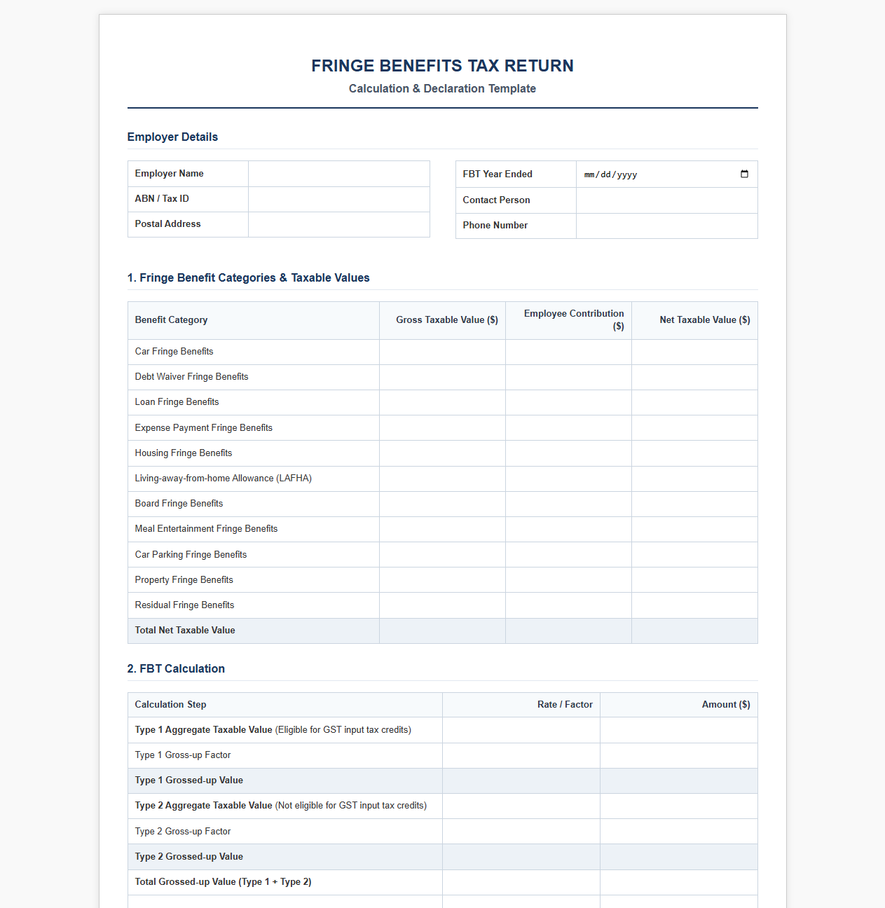 Fringe Benefits Tax Calculation and Return Template