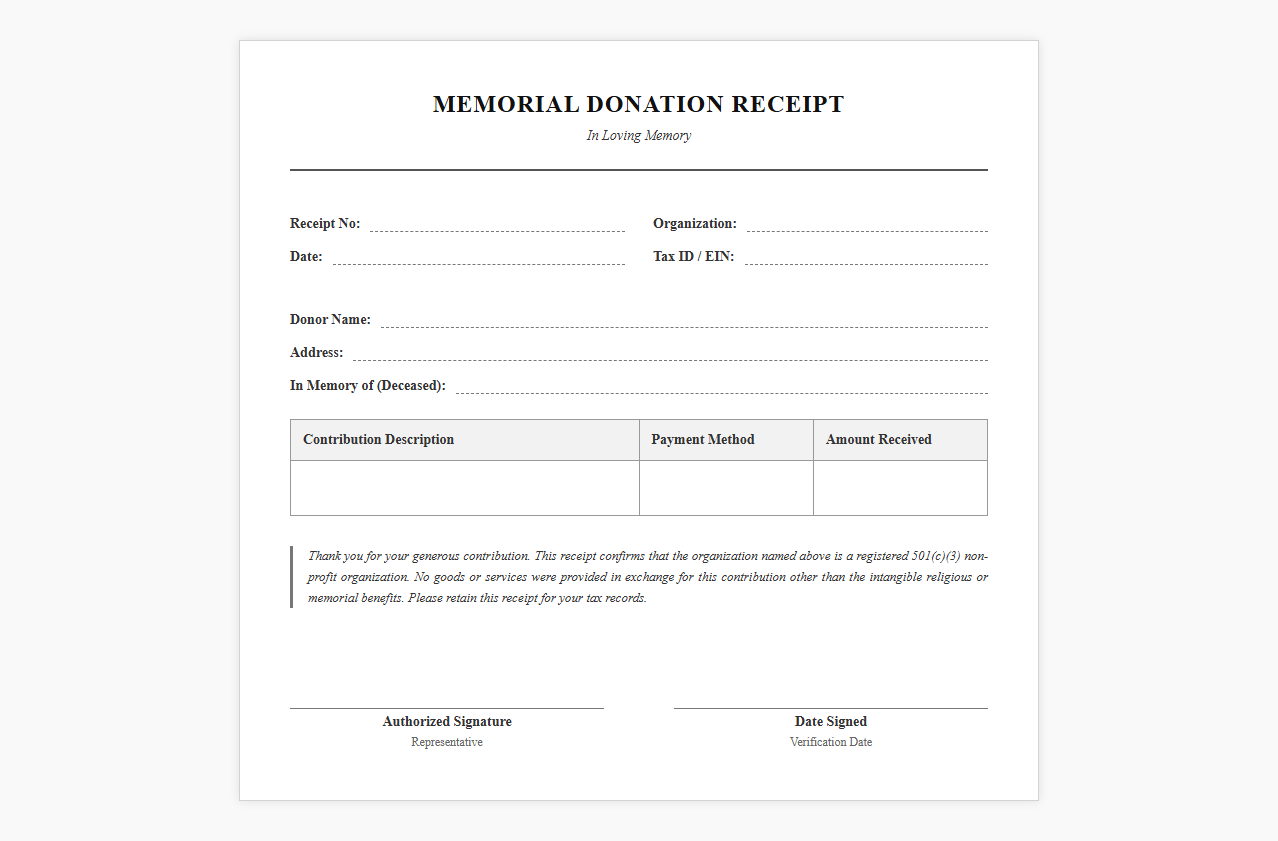 Funeral Memorial Gift Tax Deductible Receipt Template