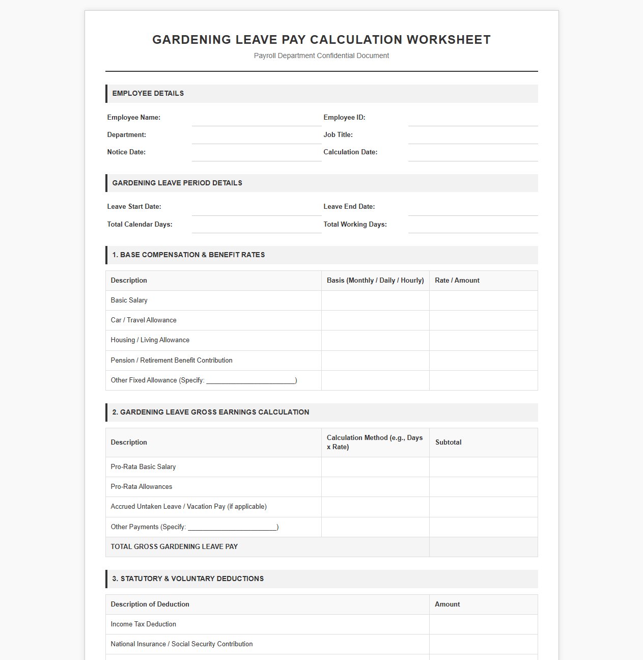 Gardening Leave Pay Calculation Worksheet