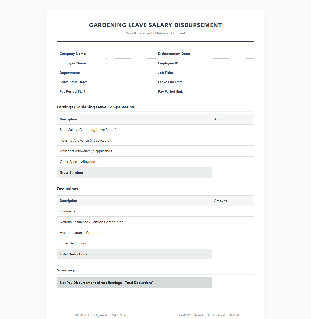 Gardening Leave Salary Disbursement Template