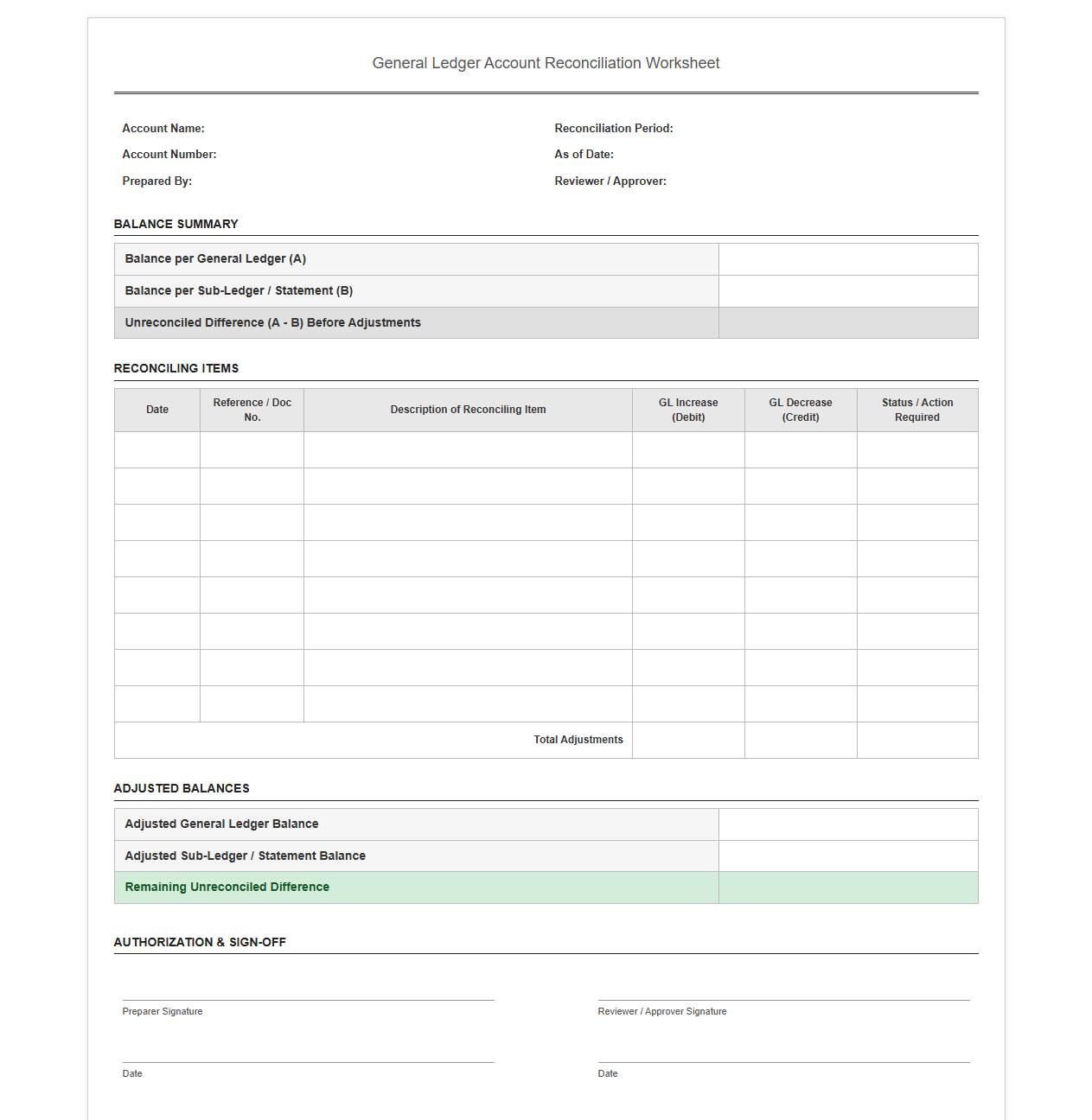 General Ledger Account Reconciliation Worksheet