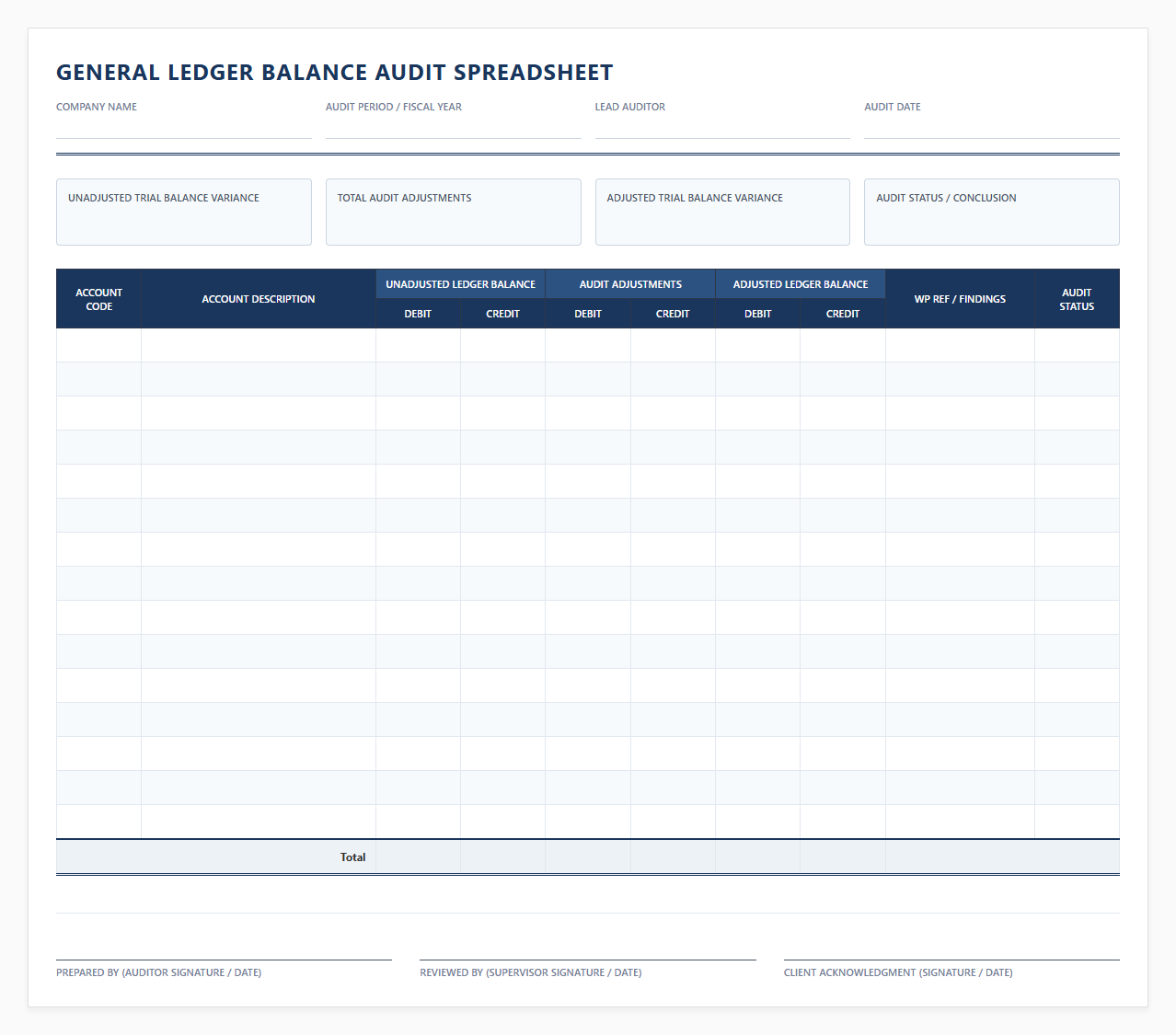 General Ledger Balance Audit Spreadsheet