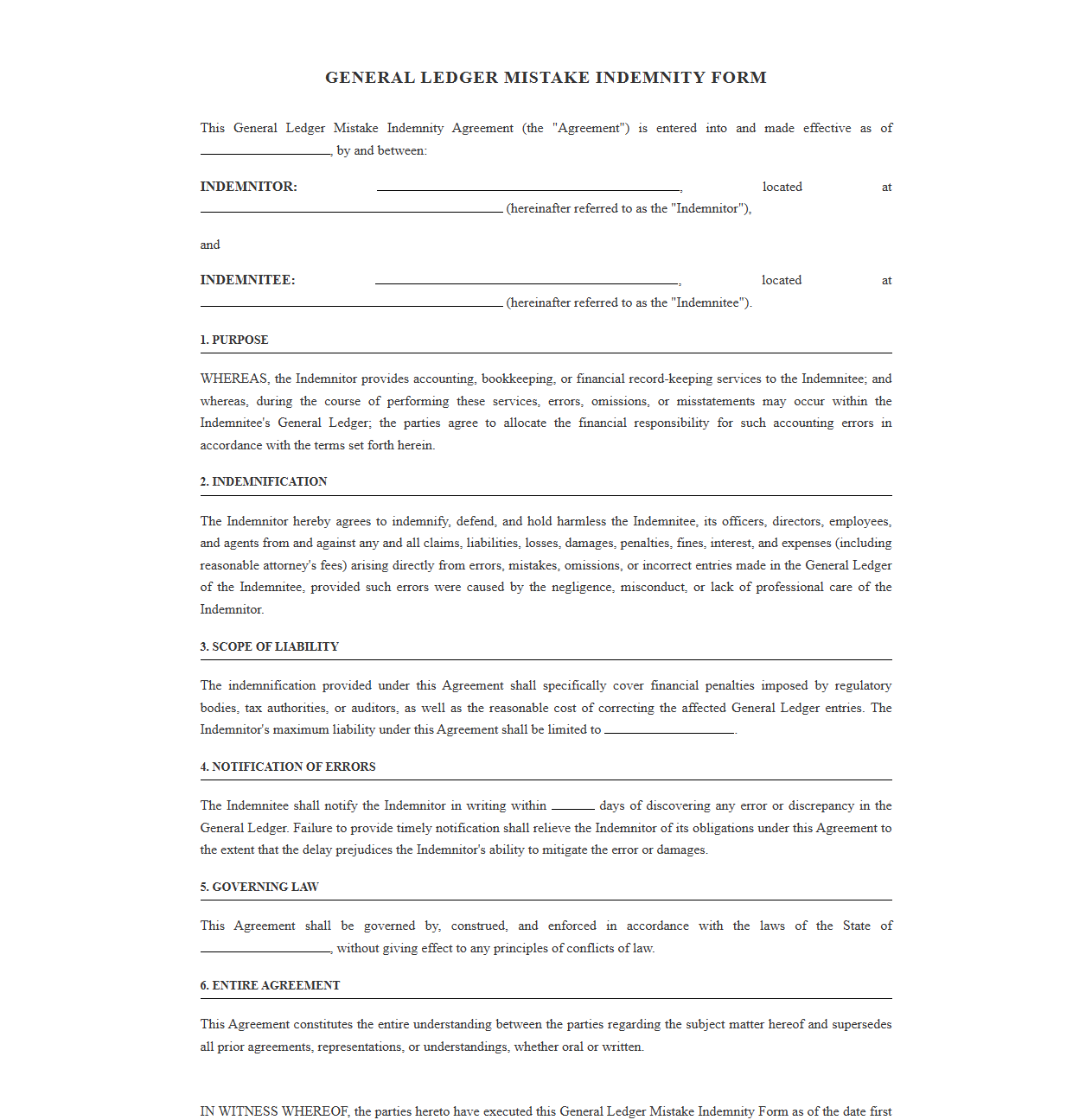 General Ledger Mistake Indemnity Form