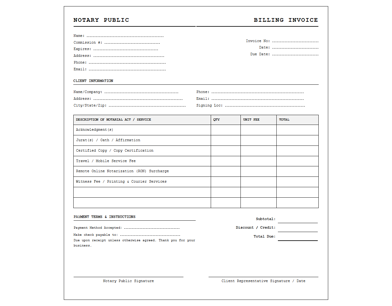 General Notary Public Billing Invoice