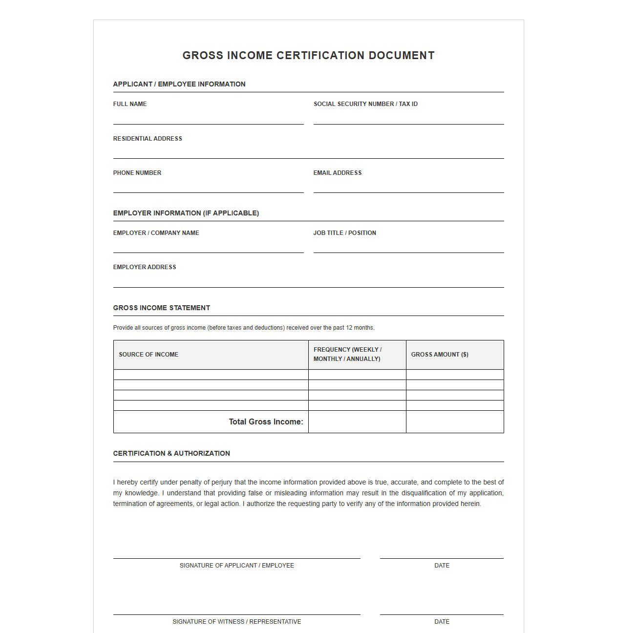 Gross Income Certification Document