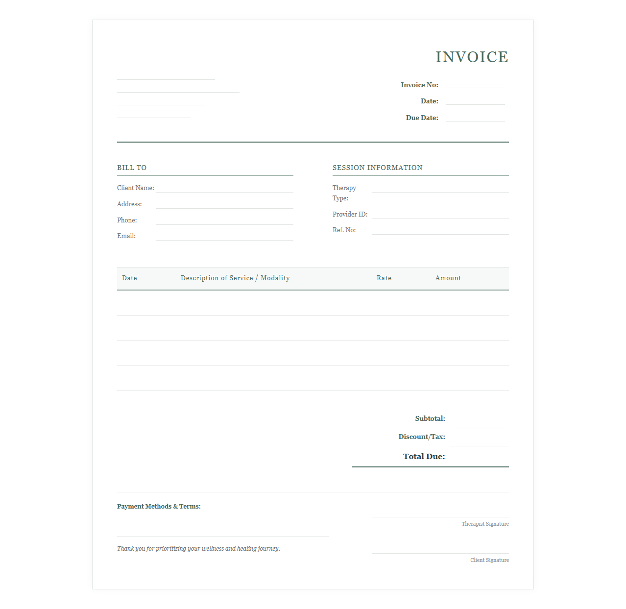 Holistic Therapy Billing Invoice
