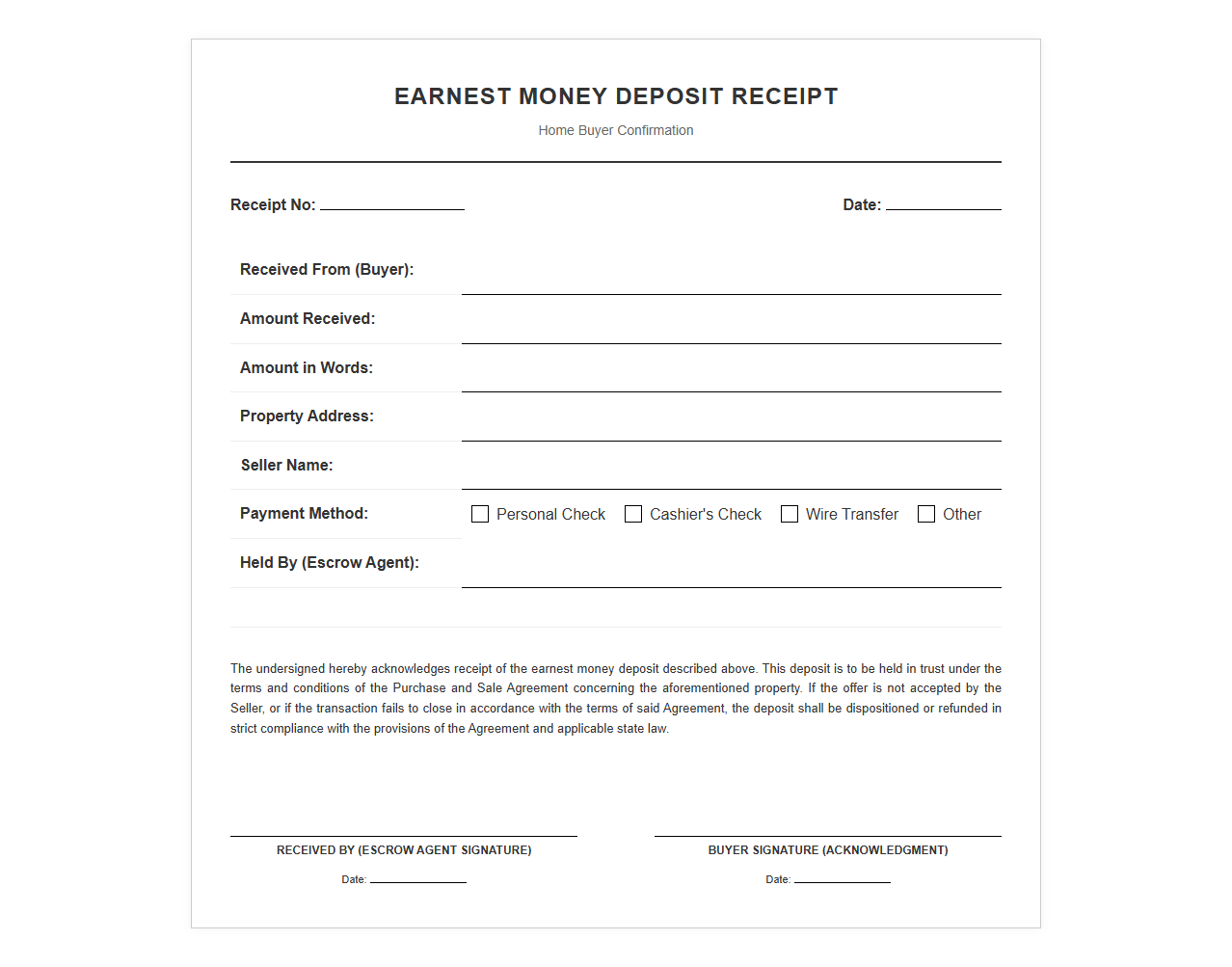 Home Buyer Earnest Money Deposit Confirmation