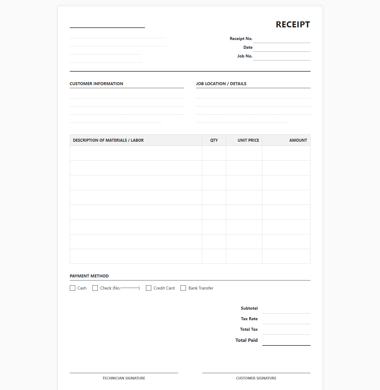 Home Maintenance and Repair Receipt Template