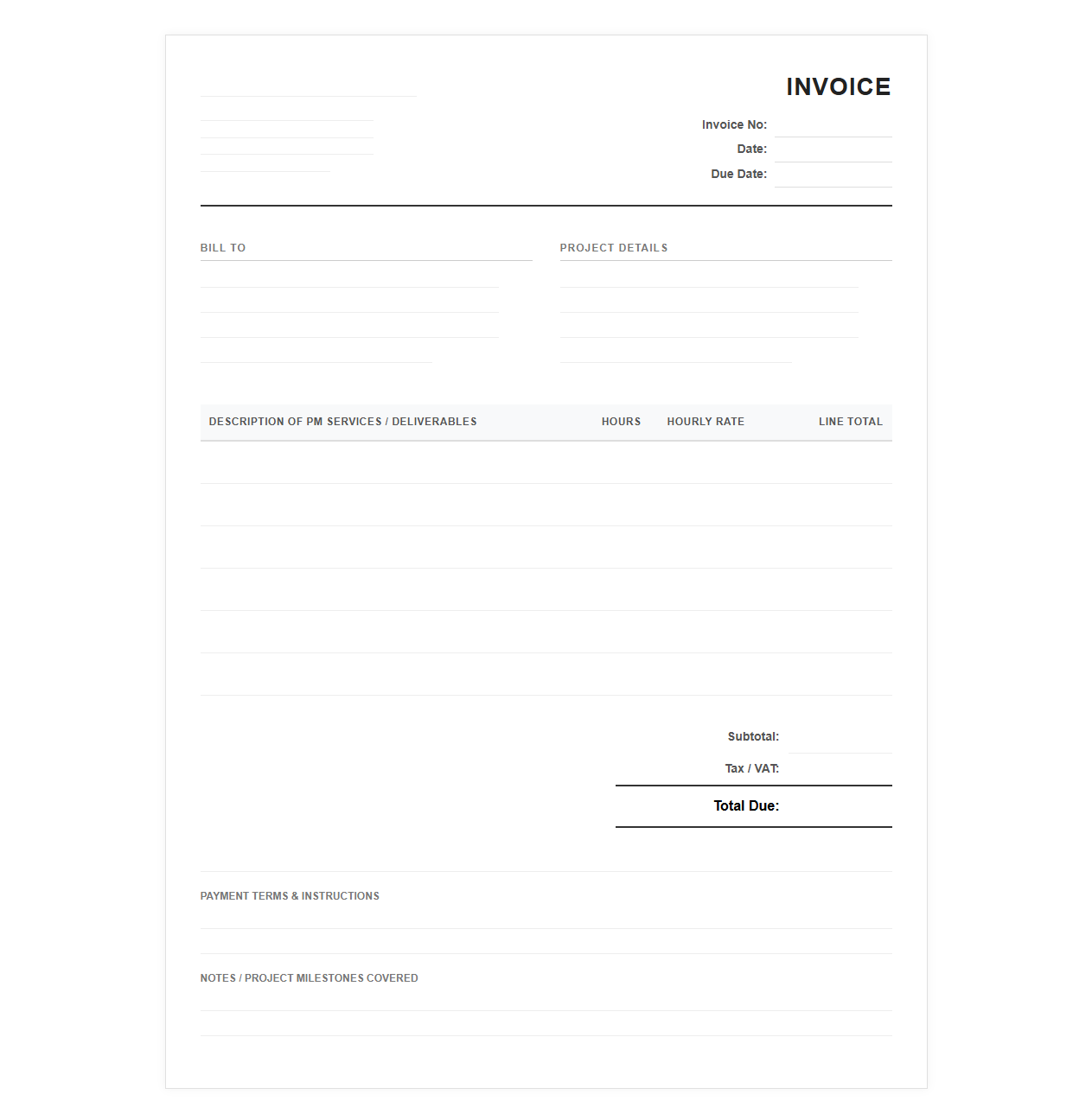 Hourly Project Management Services Invoice