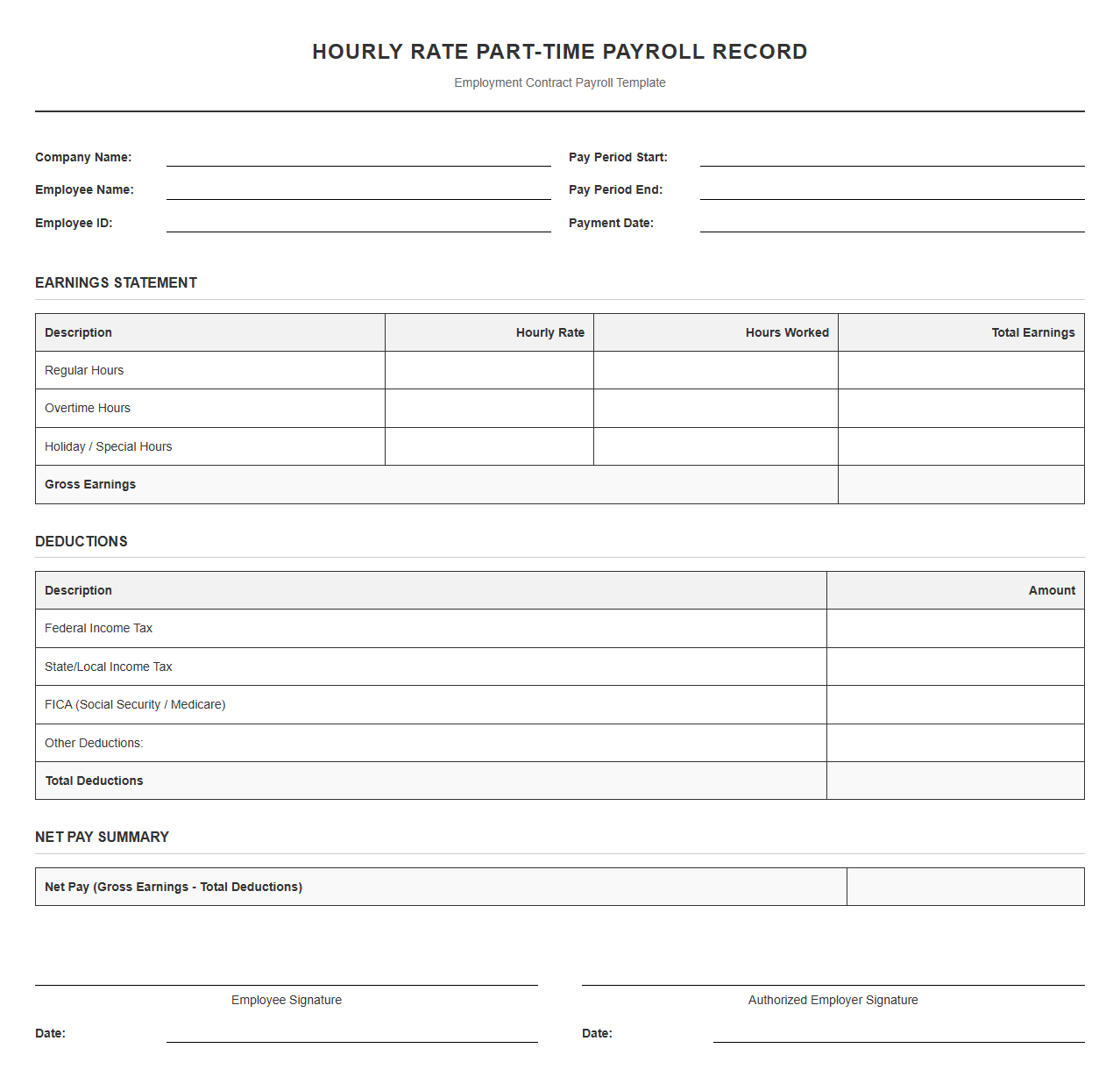 Hourly Rate Part-Time Employment Payroll Template