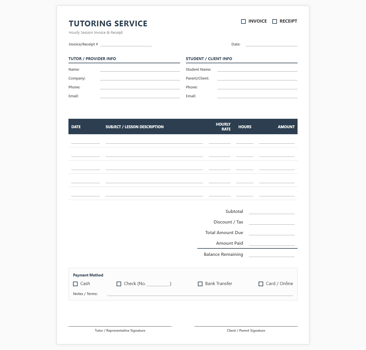 Hourly Tutoring Service Invoice and Receipt