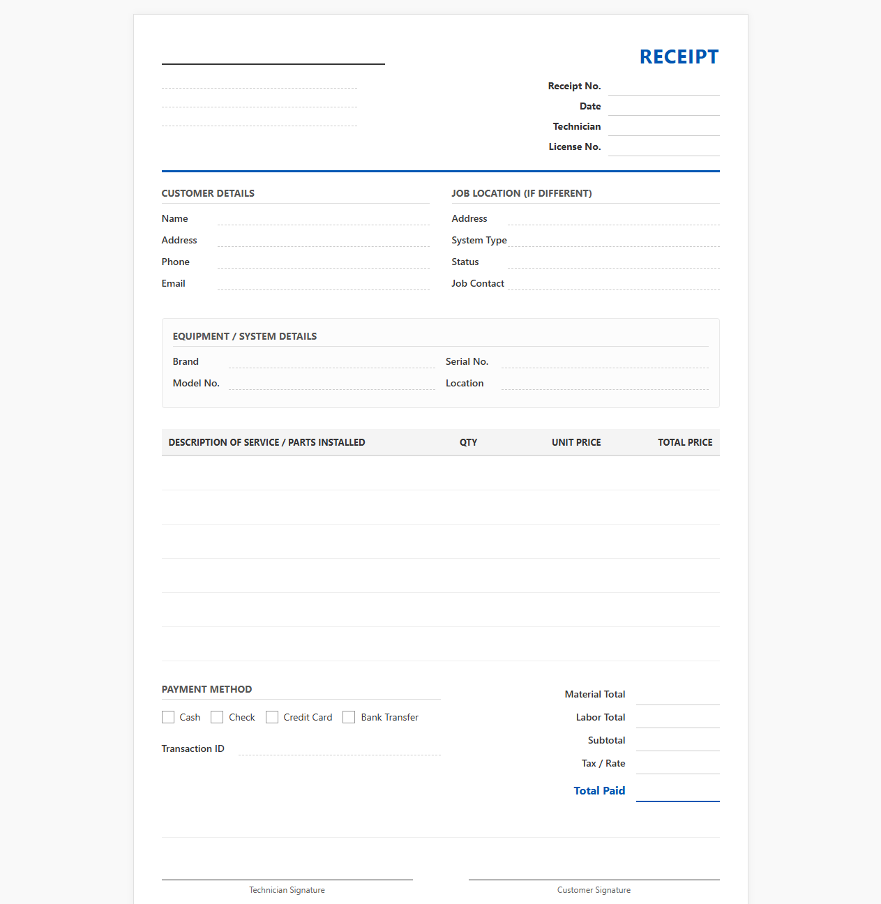 HVAC and Plumbing Repair Receipt Template