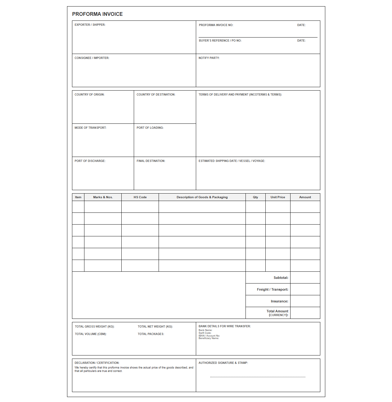 Import Export Proforma Commercial Invoice