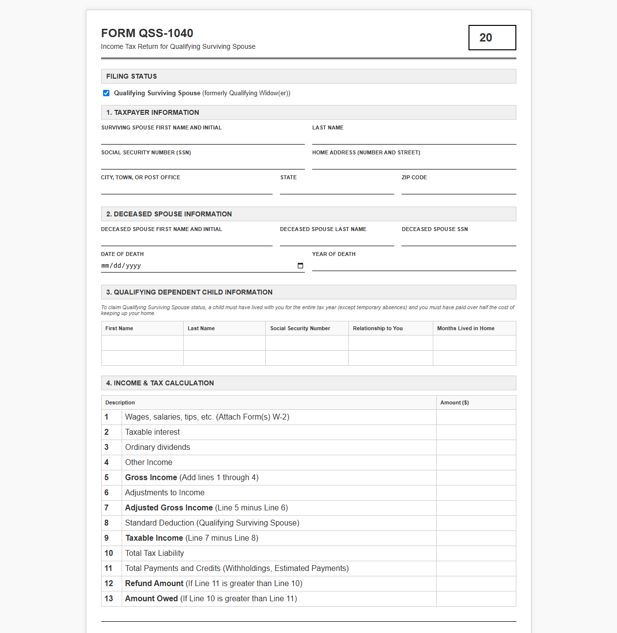 Income Tax Return Template for Qualifying Surviving Spouse