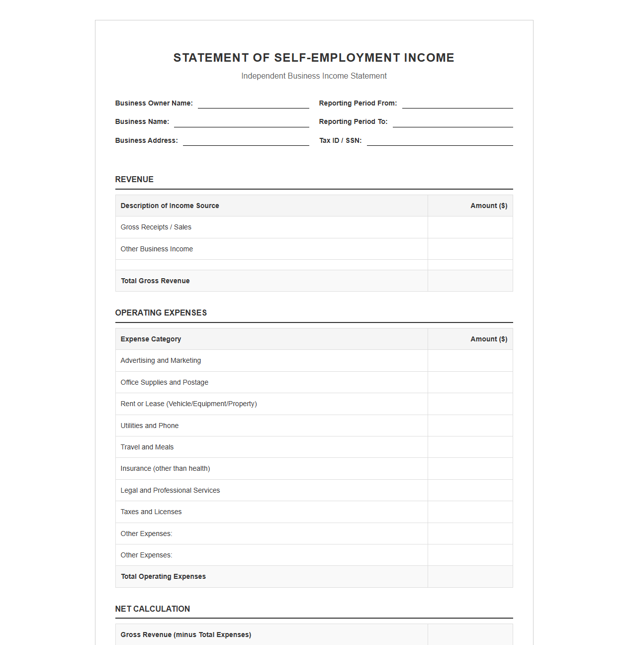 Independent Business Income Statement Template