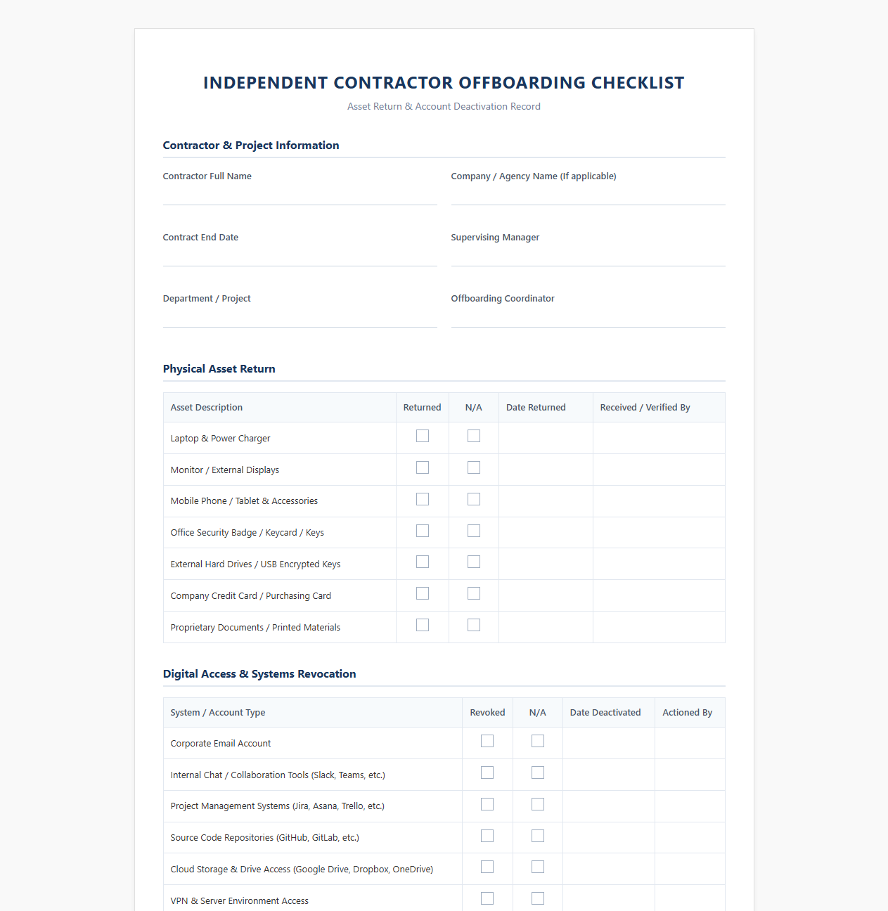 Independent Contractor Offboarding and Asset Return Checklist
