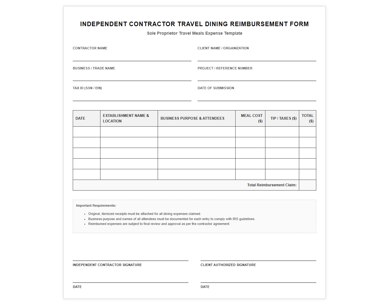 Independent Contractor Travel Dining Reimbursement Form
