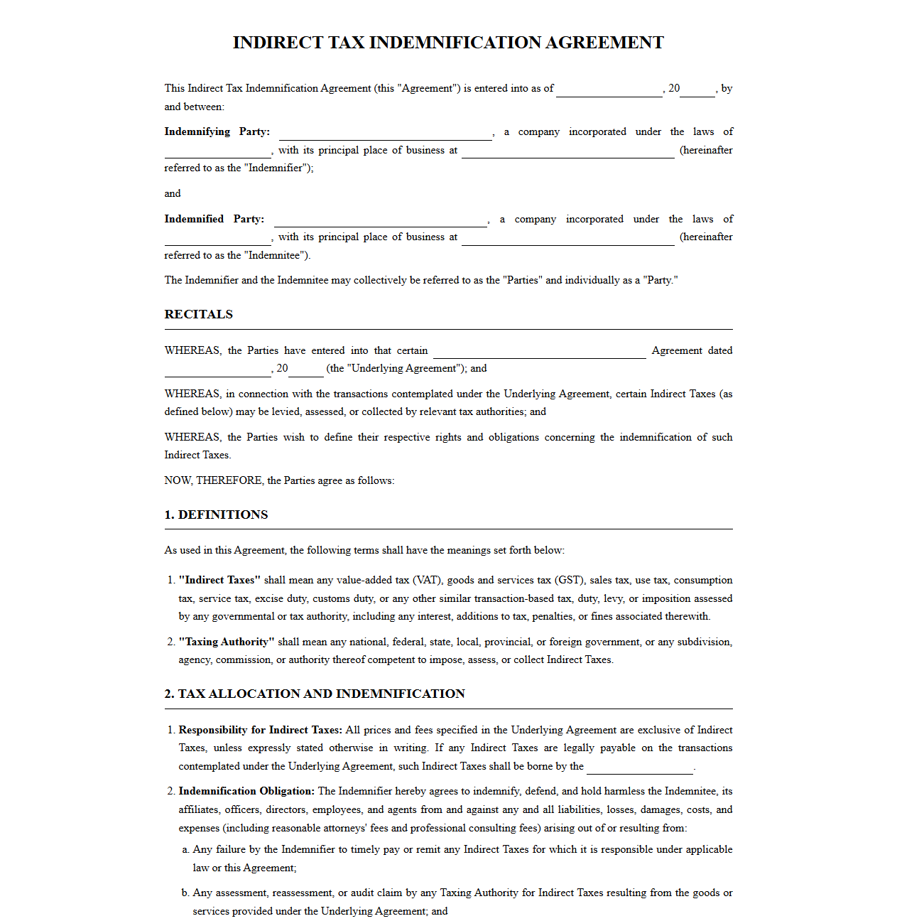 Indirect Tax Indemnification Clause and Agreement