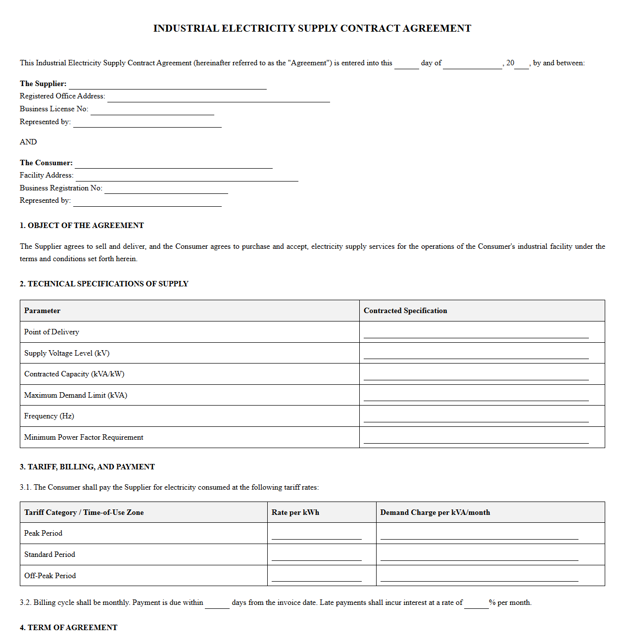 Industrial electricity supply contract agreement