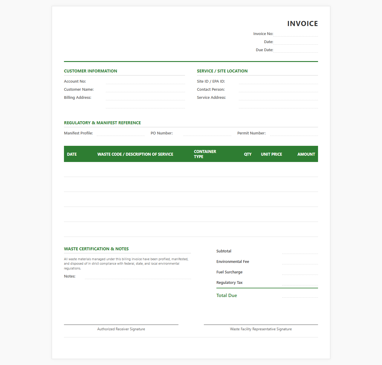 Industrial Waste Management Billing Template